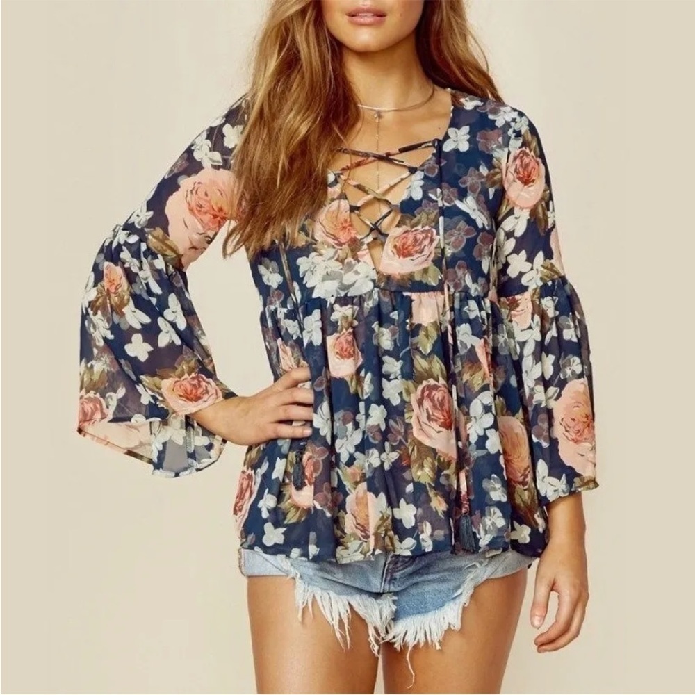 Show Me Your MuMu Poet Tie Floral Flower Chiffon Blouse Navy XS​​​​​​​
